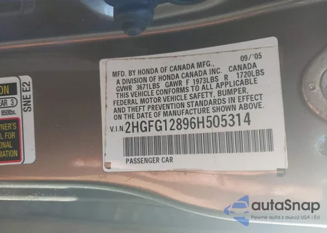 2006 Honda Civic Ex из США, поврежденный, VIN 2HGFG12896H505314